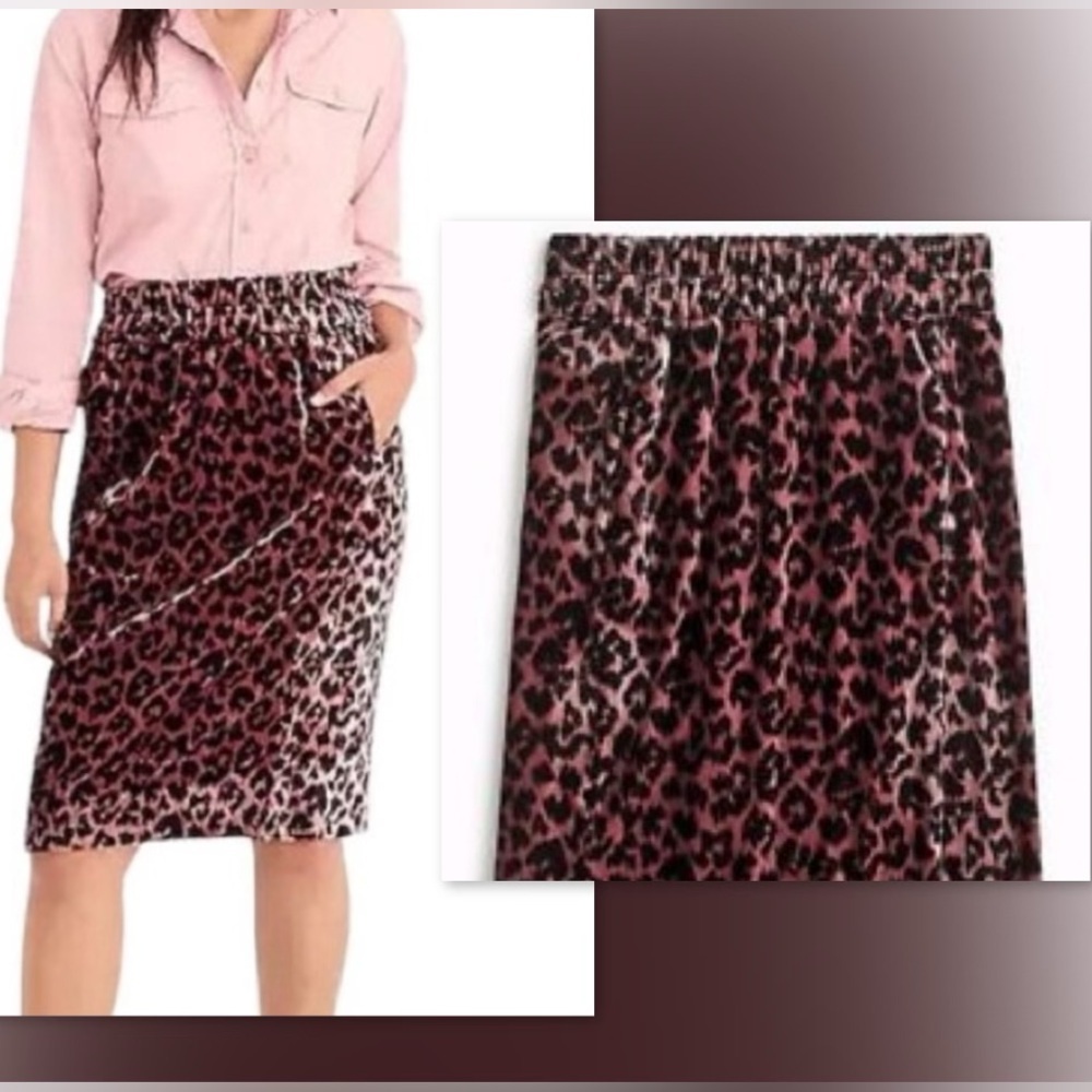 🖤J Crew Soft Velvet Mauve & Black Leopard Print Midi Skirt w Pockets